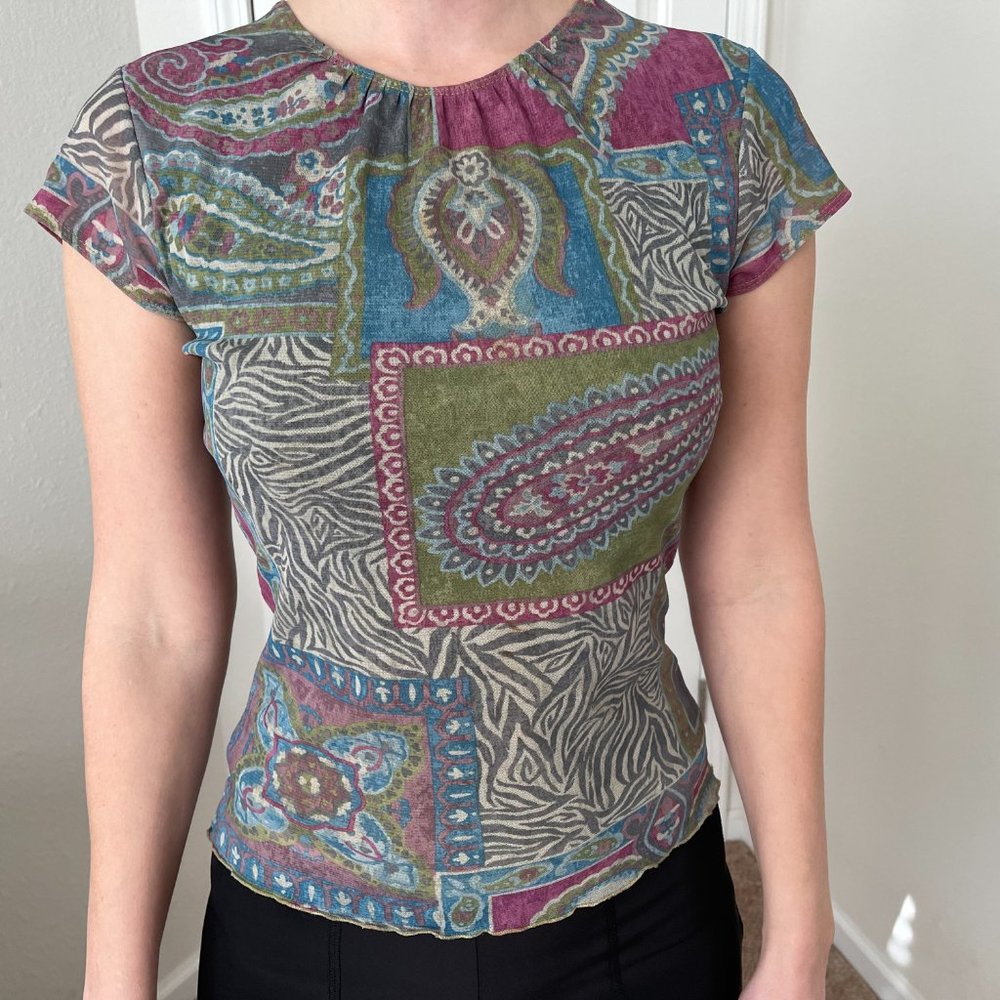 VTG Weston Wear Anthropologie Patchwork Pattern MeshTop S-M